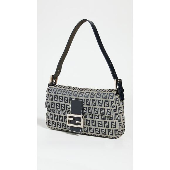 Fendi Zucchino Canvas & Leather Baguette Shoulder Handbag Light Gray/Navy Blue - Picture 2 of 16
